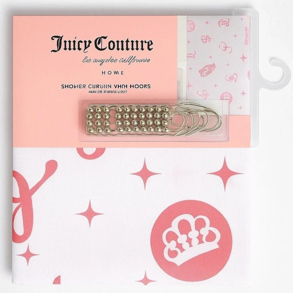 Juicy Couture Pink Crown Logo Shower Curtain with Hooks70x72 Glam Bathroom Decor